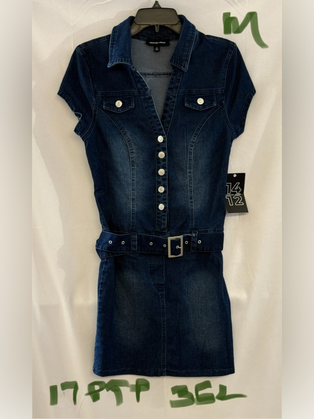 Dark Blue Denim Mini Dress with Belt